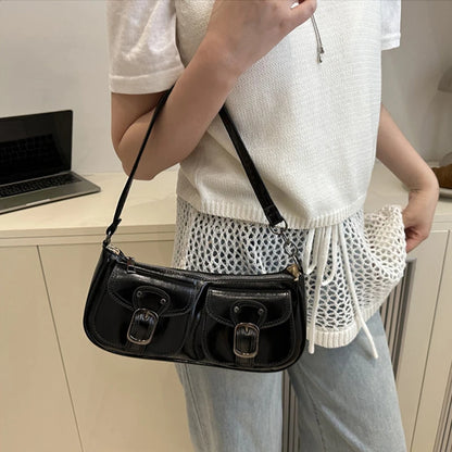 Fashion Pu Leather Women's Shoulder Bag Small Double Pocket Design Ladies Underarm Bags Y2k Vintage Female Handbags Clutch Purse