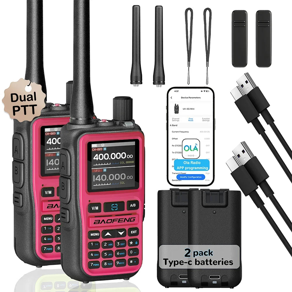 2 Pack BAOFENG UV-5R Mini 5W 999CH Dual Band Two Way Radio, Bluetooth APP Programming, NOAA Alert, Type-C Fast Charging, White/P