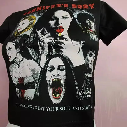 Women's T-shirt Harajuku crop Top Harajuku Retro Korean Black Demon Punk Gothic Anime Print Clothes Slim ropa mujer Y2k