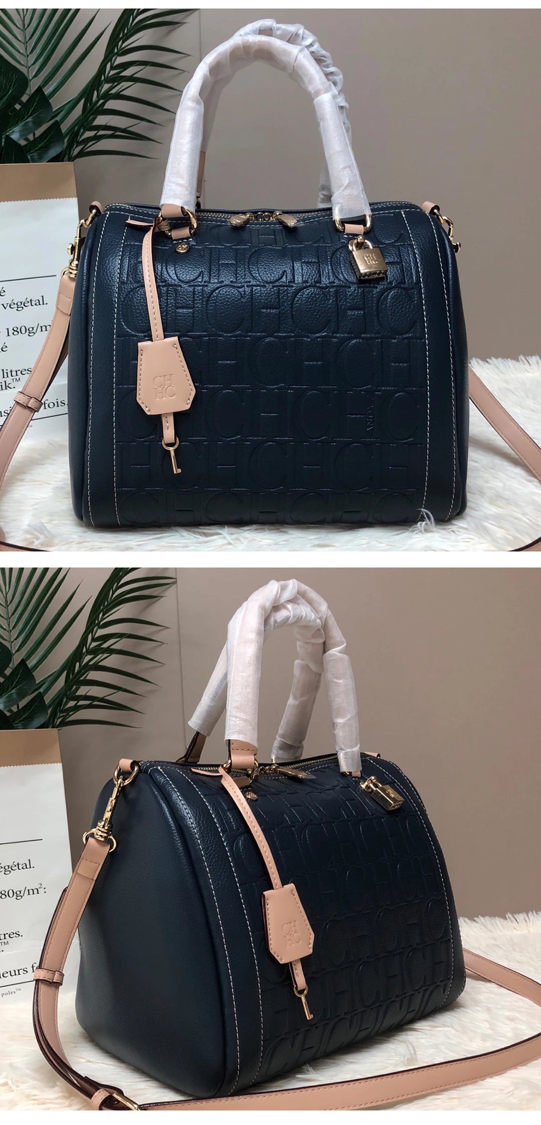 CH Carolina Herrera Boston Bag Women Leather Embossed Logo Shoulder Bag Luxury Travel Handbag Large Capacity
