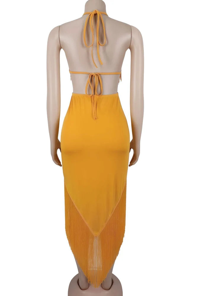 Kricesseen Sexy Solid Plunging V-Neck Fringe Backless Maxi Dress Women Halter High Slit Tassel Long Dress Party Clubwear Bodycon