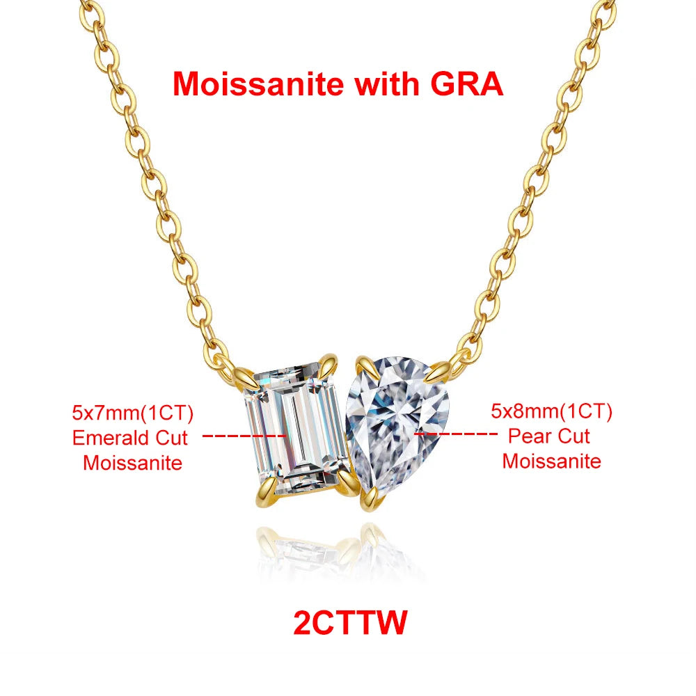 2CTTW Pear and Emerald Cut Moissanite Pendant Necklace Toi Et Moi 2 Stone Lab Diamond Necklace for Women S925 Silver 18K Jewelry