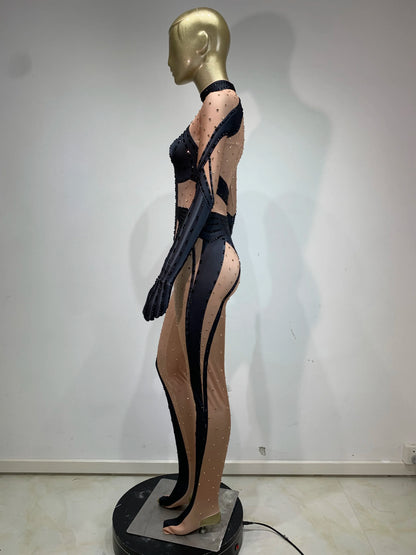 STOCK Sparkling Rhinestone Stretch Jumpsuit Women Sexy Club Evening Party Wear Drag Queen Singer Dancer Stage Perform Costume