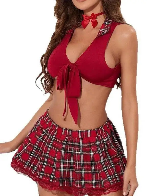 Sexy New JK Uniform Skirt Sets Sexy Outfit V Meck Sleeveless Red Top Checkered Print Lace Trimmed Skirt Casaul Pure Desire GUTH