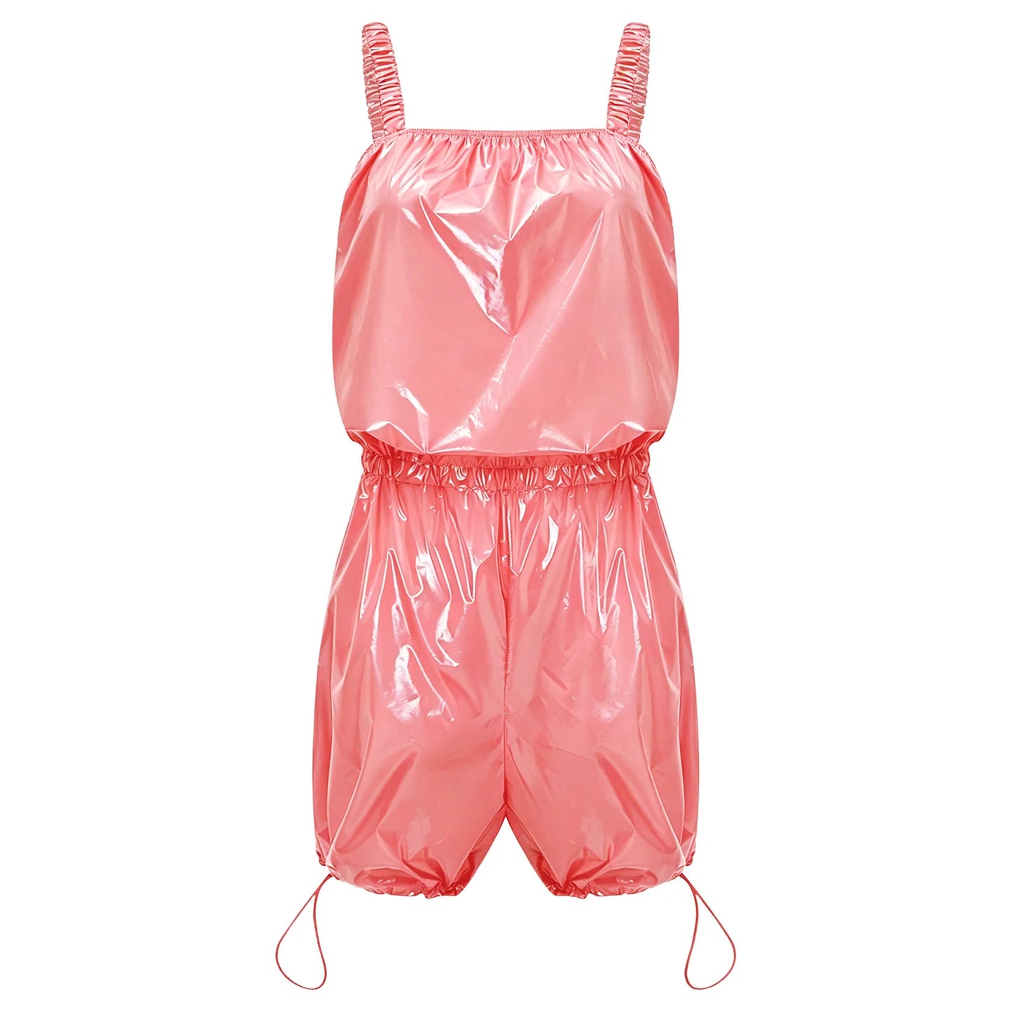 Womens Glossy Waterproof Diaper Cover Sling Bodysuit Waistband Drawstring Legs One-piece Cami Rompers Adaptive Short Jumpsuit