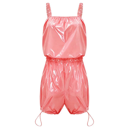 Womens Glossy Waterproof Diaper Cover Sling Bodysuit Waistband Drawstring Legs One-piece Cami Rompers Adaptive Short Jumpsuit