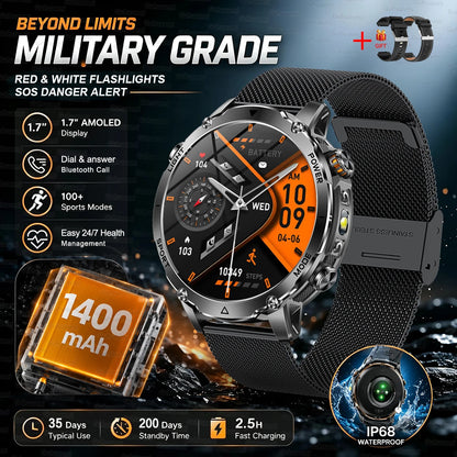 New 1400mAh Big Battery Smart Watch Men Outdoor GPS Flashlight IP68 Waterproof Bluetooth Call AMOLED Military Sports Smartwatch