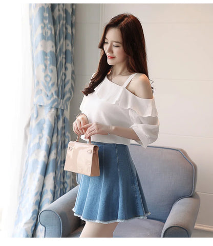 Women's Shirt Tops One-Shoulder Ruffles Short-sleeved Chiffon Blouse