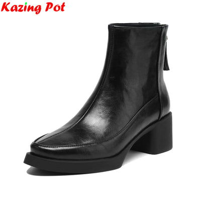Plus Size 34-43 Cow Skin Round Toe Zipper High Heels Modern Motorcycles Boots Warm Winter Shoes Dating Retro Brand Ankle Boots