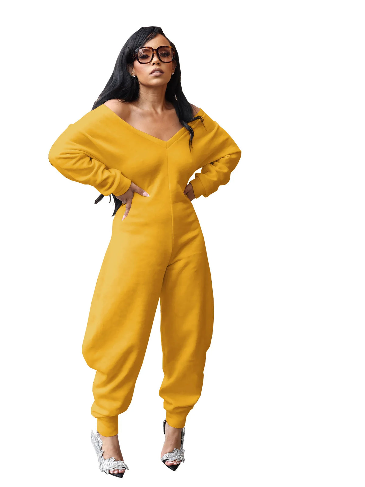 GLCMYAYA Women Long Sleeve V-neck Loose Jumpsuits 2025 Winter Autumn One Piece Set Party Casual Fitness Streetwear Outfits