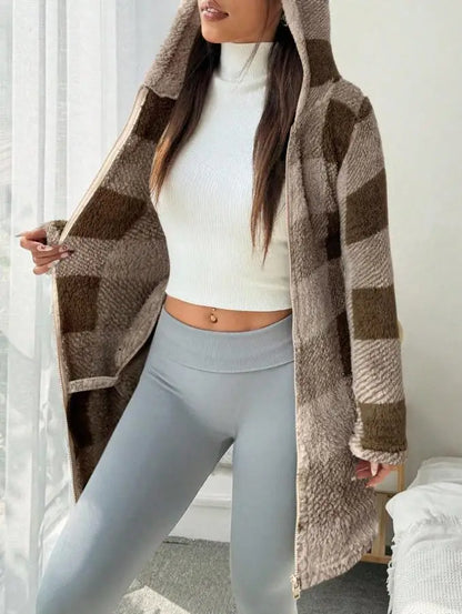 Womens Coats Winter Manteau Winter Warm Plush Pocket Coat Womens Plaid Print Hooded Long Zip Cardigan Sobretudo Feminino Inverno