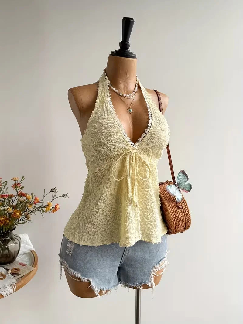 Women's Summer V-Neck Lace Up Exposed Neck and Backless Casual Vacation Topboho Easter Beach Clothing Hawaii Coachella Music Fes
