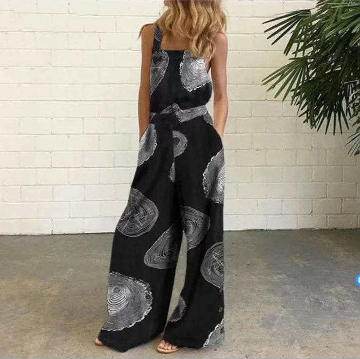 Women Summer Loose Printed Jumpsuits Sleeveless Bib Overalls Siamese Button Wide Leg Pants Long Trousers Female Fashion Clothing