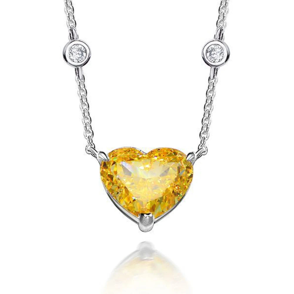 WUIHA 925 Sterling Silver Heart-shaped 10*12mm Vivid Yellow Sapphire Created Moissanite Diamond Pendant Necklaces for Women Gift