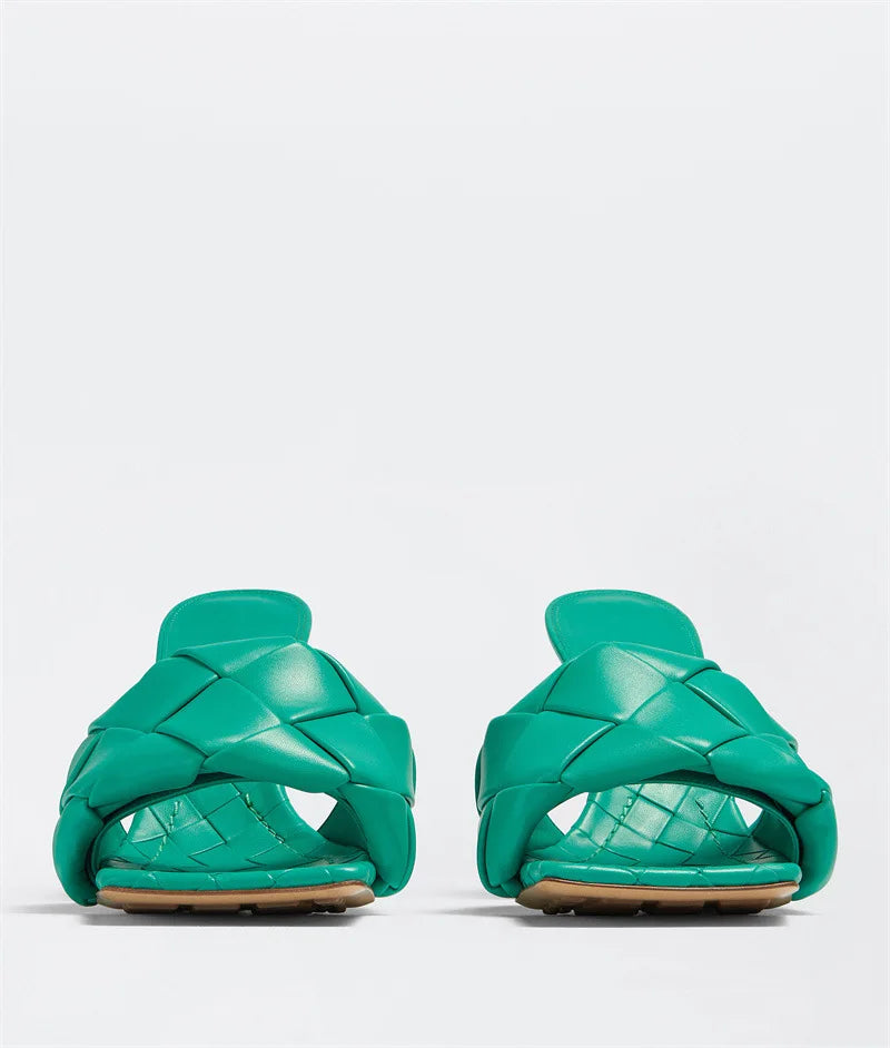 New 2026 Summer Fashion Women's Slippers PU Leather Square Toe Sandals for Women Fluorescent Yellow Fine Heel Ladies High Heels