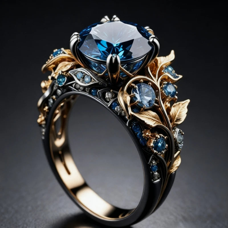 Gold Color Leaf Shaped Inlaid Blue Synthetic Zirconia Ring Suitable for Women's Banquets Engagements Jewelry Accessories Gifts