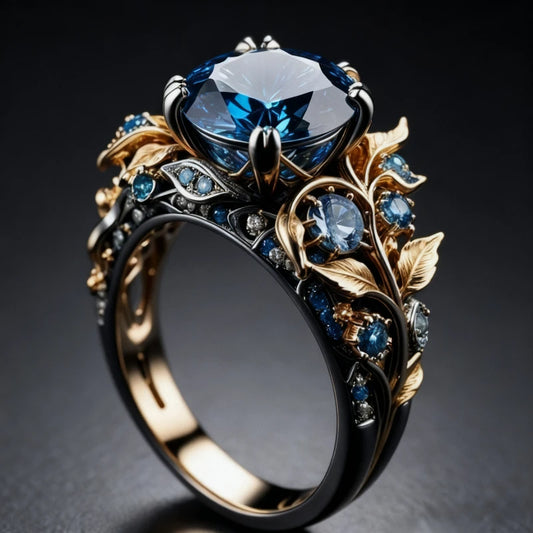 Gold Color Leaf Shaped Inlaid Blue Synthetic Zirconia Ring Suitable for Women's Banquets Engagements Jewelry Accessories Gifts