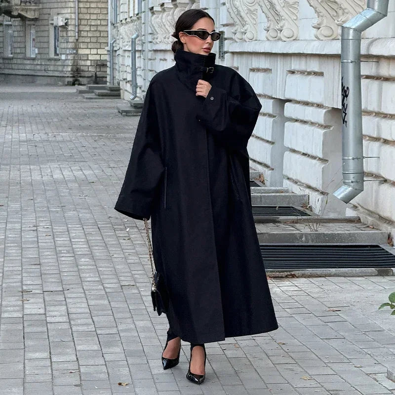 Black Stand Collar Trench Coat Women Casual Long Sleeve Single-breasted Loose Windbreaker 2026 Lady Autumn High Street Outwear