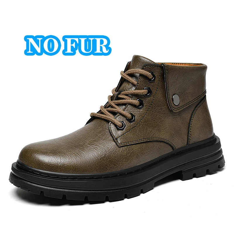 Genuine Leather Mens Motorcycle Boots Handmade Retro Men Ankle Boots Man Winter Plush Snow Botas Outdoor High Top Shoes Sneakers