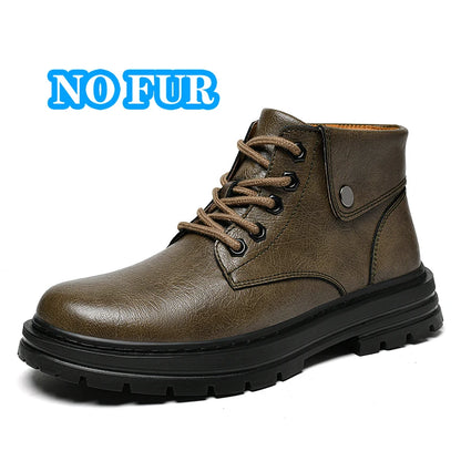 Genuine Leather Mens Motorcycle Boots Handmade Retro Men Ankle Boots Man Winter Plush Snow Botas Outdoor High Top Shoes Sneakers
