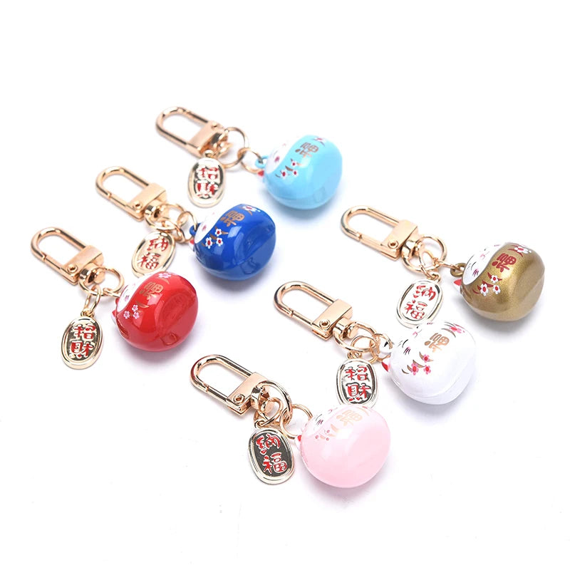 New Japanese Cute Lucky Cat Bell KeyChains Car Bag Decor Water Sound Bell Pendant Charm Keys Couple Gifts Keyring Pray Keyfob