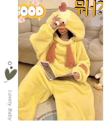 Women Onesies Little Yellow Chicken One-piece Pajamas Flannel Cute Funny Girls Homewear Cartoon Jumpsuit Couple Bestie Sleepwear