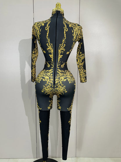 Luxury Sparkly Diamonds Print Long Sleeves Stretch Jumpsuit Evning Party Dancer Nightclub Bar DJ Sexy Stage Performance Costumes