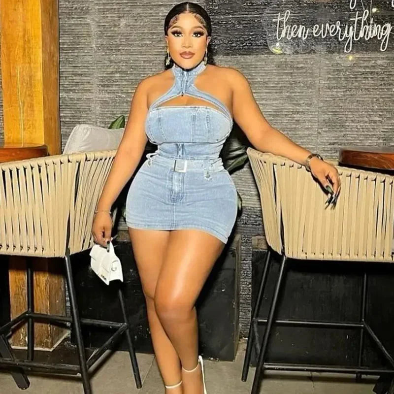 Sexy Denim Two Piece Set Women Y2K Clothes Zipper Halter Hollow Out Backless Crop Top and Mini Skirt Club Party Matching Sets