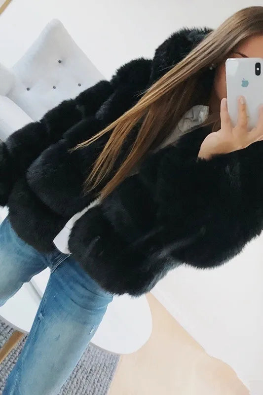 Fashion Winter Women Imitation Fox Fur Jacket Hooded Loose Long Sleeves Female Eco Fur Coat Patchwork Plush Thick Lady Fur Coat
