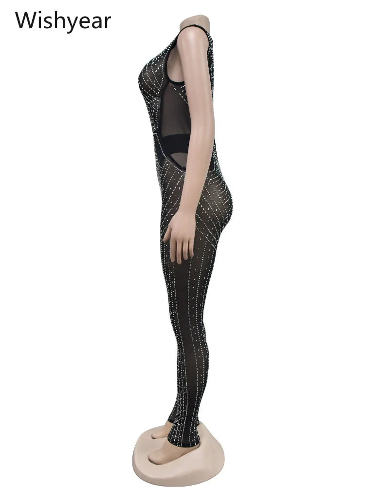 Women One Piece Party Jumpsuit High Neck Sheer Mesh Rhinestone Beading Cap Sleeve Bodycon Long Romper for Cocktail Club Night