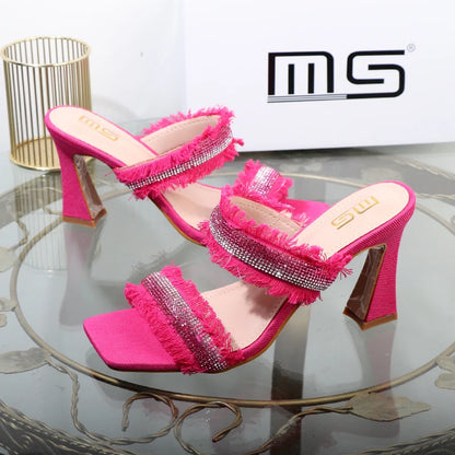 Denim women slippers 2025 new rhinestone plush stiletto heels women outdoor fashion women's slippers Luxury elegant women shoes