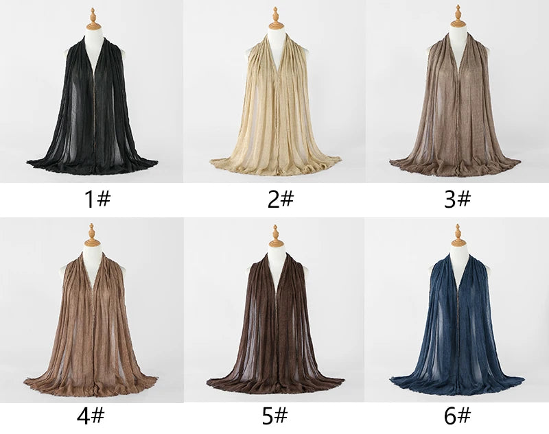 Fashion Crinkle Cotton Royan Hijab Scarf for Muslim Women Islamic Long Soft Shawls Wraps Short Tassel Bufanda Accessories