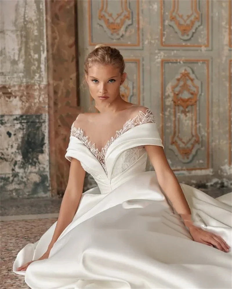 Flavinke Customized Elegant Exquisite A Line Wedding Dresses Bride Gowns Lace Off the Shoulder Soft Satin Vestidos De Novia