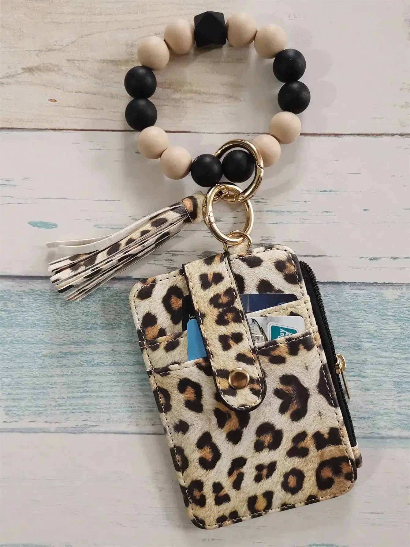 Leopard Print PU Card Holder Wallet with Silicone Beaded Wristlet Keychain, Multi Card Slots Zipper Coin Purse with Tassel Charm for Women Daily Carry