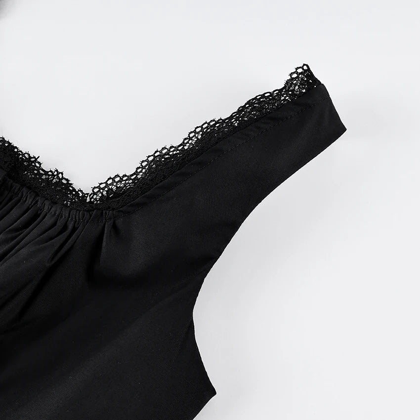 Linad Vintage Lace Square Collar Tank Top For Woman 2026 Street Chic Black Single Breasted Camisole Fashion Cotton Tops Spring