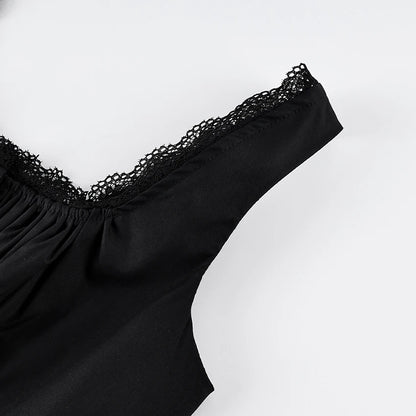 Linad Vintage Lace Square Collar Tank Top For Woman 2026 Street Chic Black Single Breasted Camisole Fashion Cotton Tops Spring