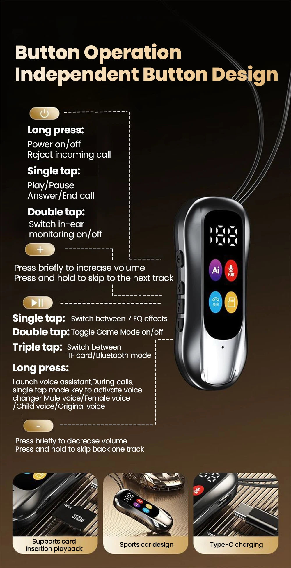 Elough Lavalier Bluetooth Earphones K-song Ear Return LED Screen Card Insertion/Bluetooth Earphones Ultra Long Battery Life