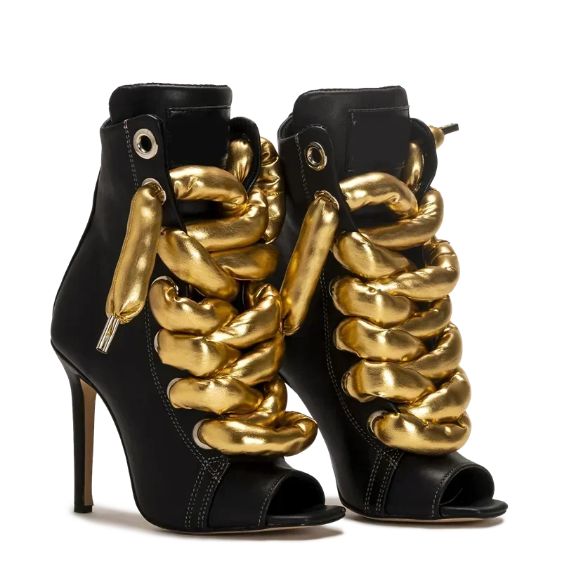 Peep Toe Corss Tied Patchwork Ankle Boots Sexy Square Toe Thick Heel New Arrivals Fashion Women Runway Shoes