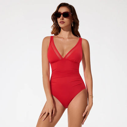 Women Sexy Mesh One Piece Swimsuit Tummy Control Ruched Slimming Shapewear Bathing Suits Lace Up Back Swimwear Monokini Mujer