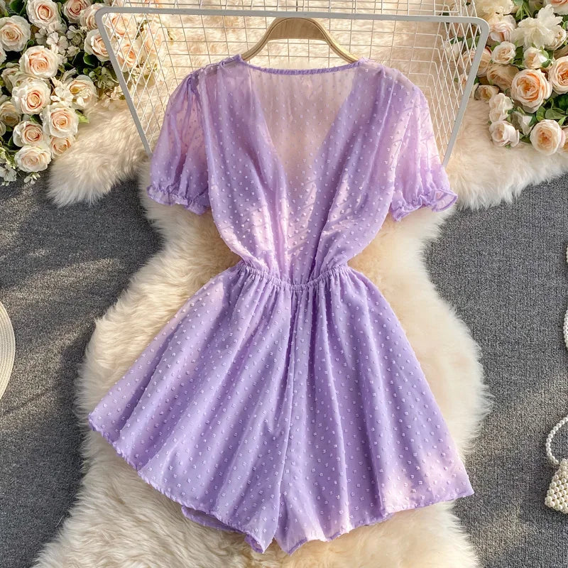 2025 Summer Women Playsuit Polka Dot See Through Thin Beach Rompers Sexy V-neck Short Sleeve Drawstring Sash Slim Waist Overalls