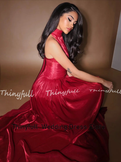 Thinyfull A-line Arab Long Prom Dress Halter Sleeveless Shiny Satin Evening Party Dresses Dubai Dress Robe De Soirée Customized