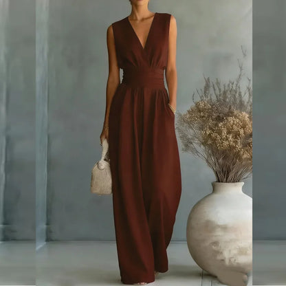 2026 Deep V Neck Women's Jumpsuits Elegant Sleeveless Solid High Waist Rompers Casual Wide Leg Pants Overalls Vacation Outfit