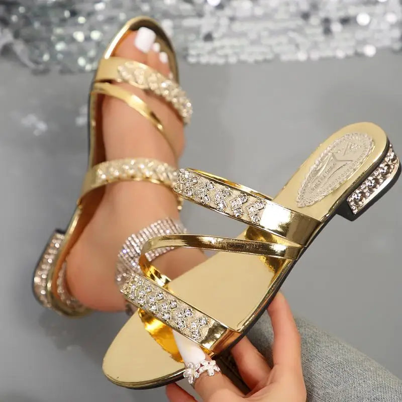 Women's Slip On Gold Crystal Low Heel Sandals Summer 2026 Shiny Straps Mules Shoes Woman Comfortable Square Toe Sandalias Mujer