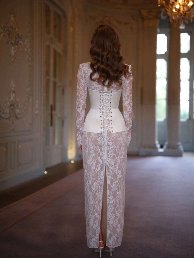 Elegant White Lace Corset Dress For Women Chic Bustier Top Long Sleeve Sheer Lace Maxi Gown 2026 New Lady Date Party Vestidos