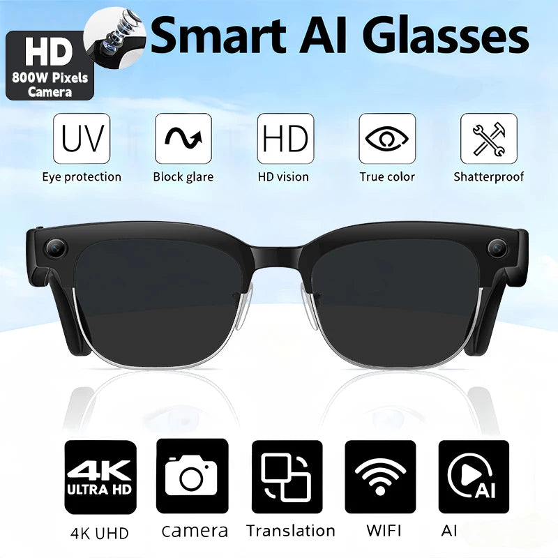 2026 New Smart Glasses Men 800W Camera Video Recording AI Recog Bluetooth Call Voice Translation Outdoor Driving Sunglasses