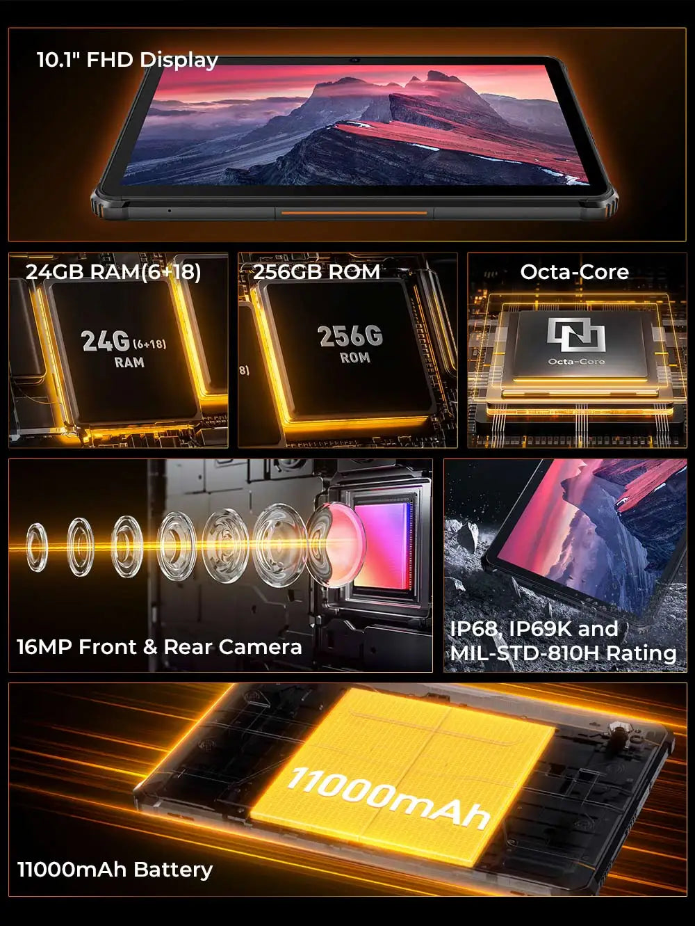 OUKITEL RT9 Rugged Tablet - 10.1" HD Display, 24(6+18)GB+256GB, IP68 IP69K Waterproof, 11000mAh Battery Android 14 Tablet PC