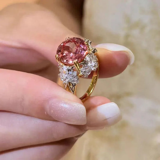 Luxury 9999 24K Solid gold certifid heavy industry 11mm padparadscha corundum lotus cut ring high-end fine jewelry