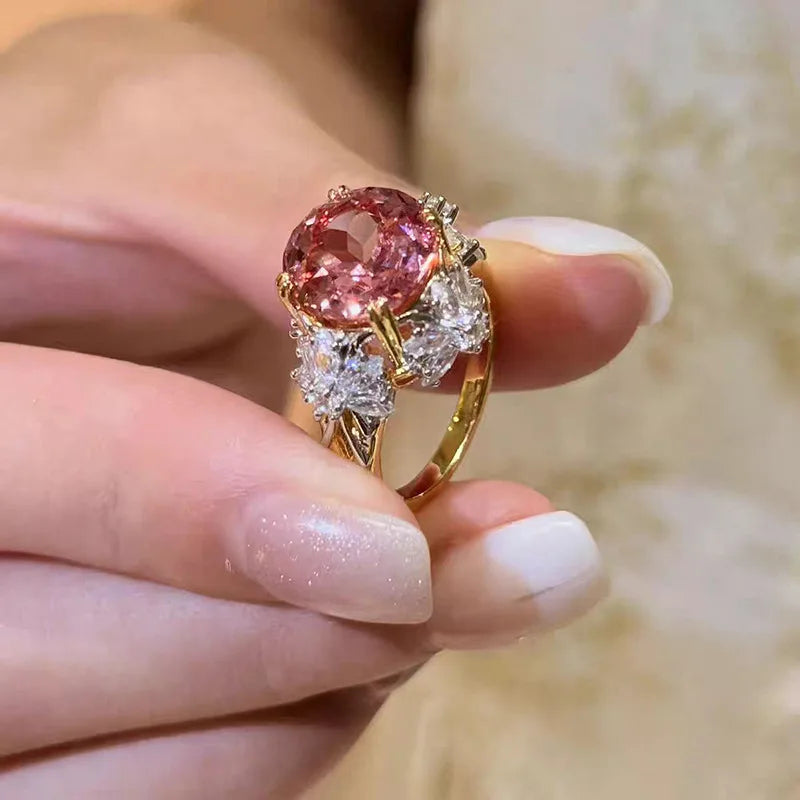 Luxury 9999 24K Solid gold certifid heavy industry 11mm padparadscha corundum lotus cut ring high-end fine jewelry
