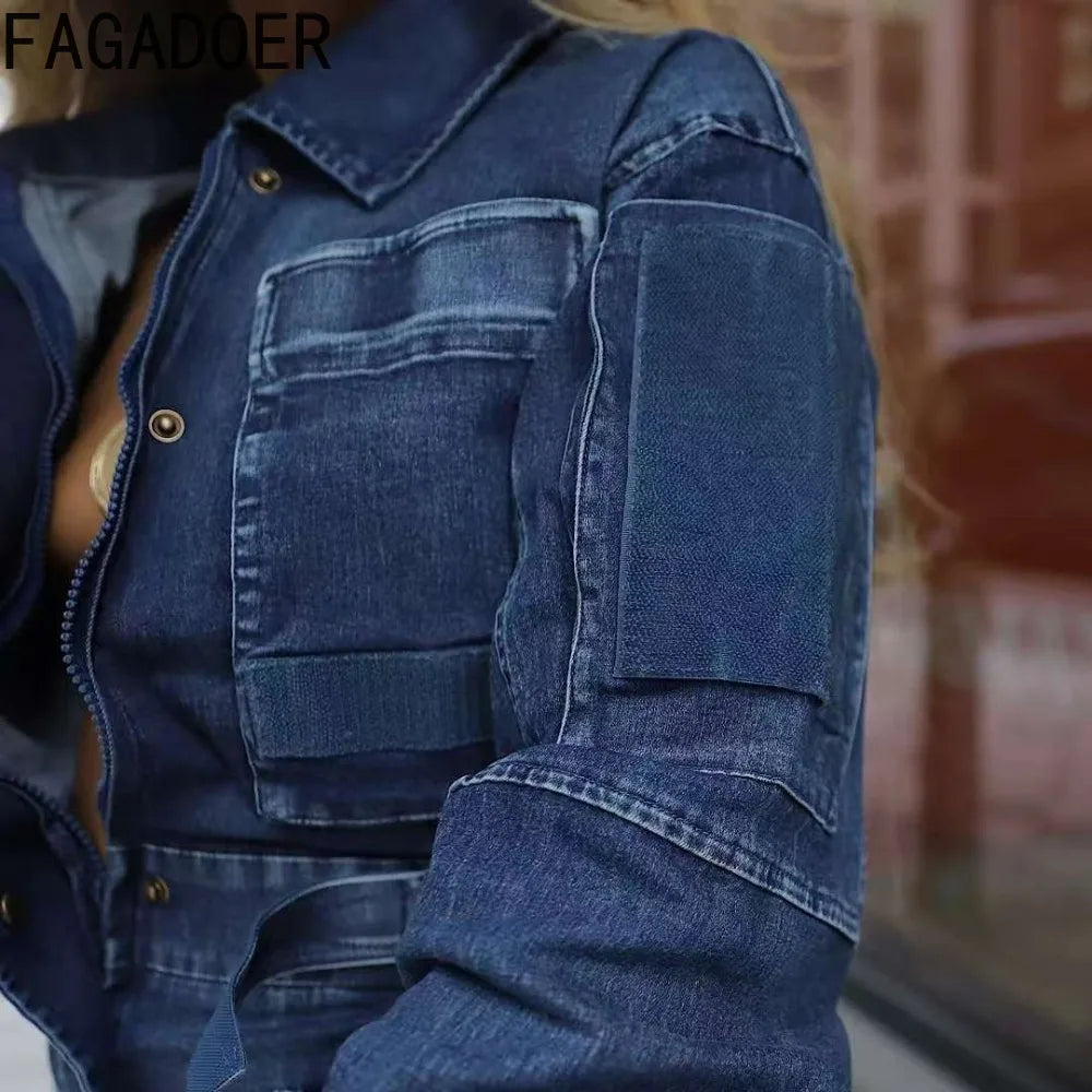 FAGADOER Retro Fashion Bodycon Denim Rompers Women Wash Cargo Pocket Patchwork Jumpsuits Female Streetwear Overalls 2025 New