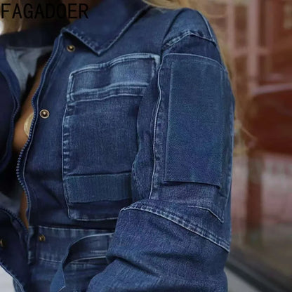 FAGADOER Retro Fashion Bodycon Denim Rompers Women Wash Cargo Pocket Patchwork Jumpsuits Female Streetwear Overalls 2025 New